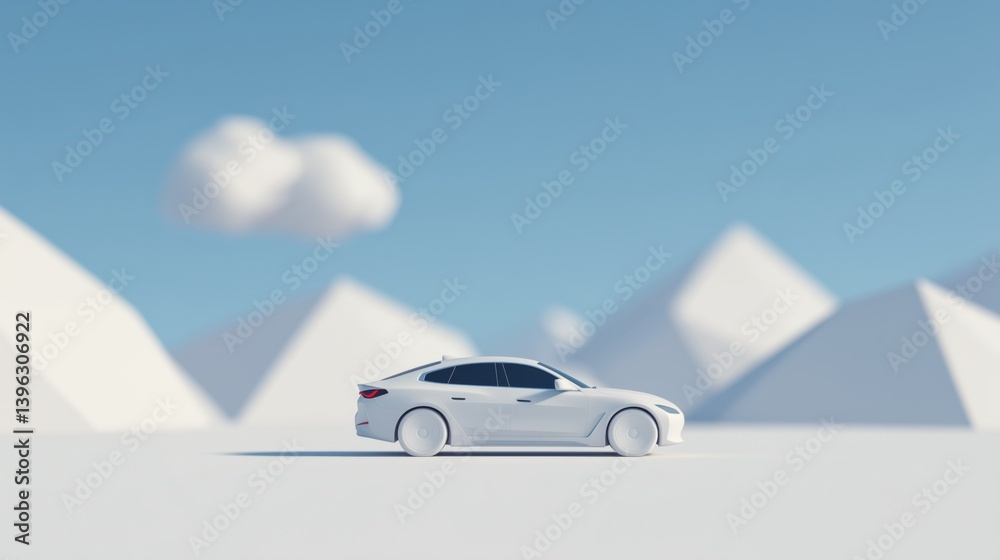 Modern car parked on white landscape with geometric mountains and clouds during a clear day, 3d illustration.