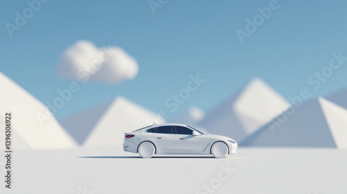 Obraz na płótnie Modern car parked on white landscape with geometric mountains and clouds during a clear day, 3d illustration. w salonie