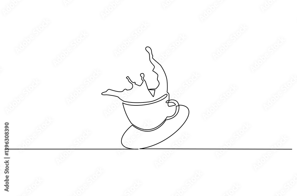 Fototapeta premium Continuous one line drawing of Coffee or tea splashes out of the cup. Single line drawing illustration of spilled coffee or tea. Coffe or tea concept vector art. Doodle line illustration.