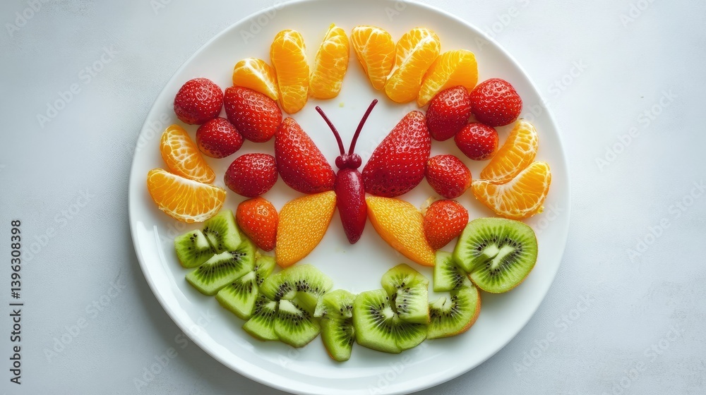 A vibrant butterfly design made from fresh fruit, using strawberries, oranges, and kiwi, beautifully arranged on a plate.