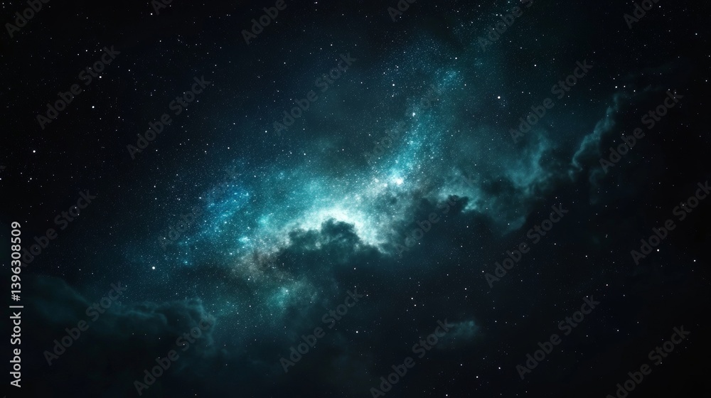 Fototapeta premium Galactic Swirl A serene, inky-blue space vista with a bright, swirling nebula at its center, dotted with countless distant stars