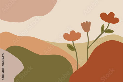 Minimalist abstract background with waves, soft abstract shapes in earthy colors like warm beige, terracotta, olive green, and muted brown. Perfect for calm and charming style design projects.