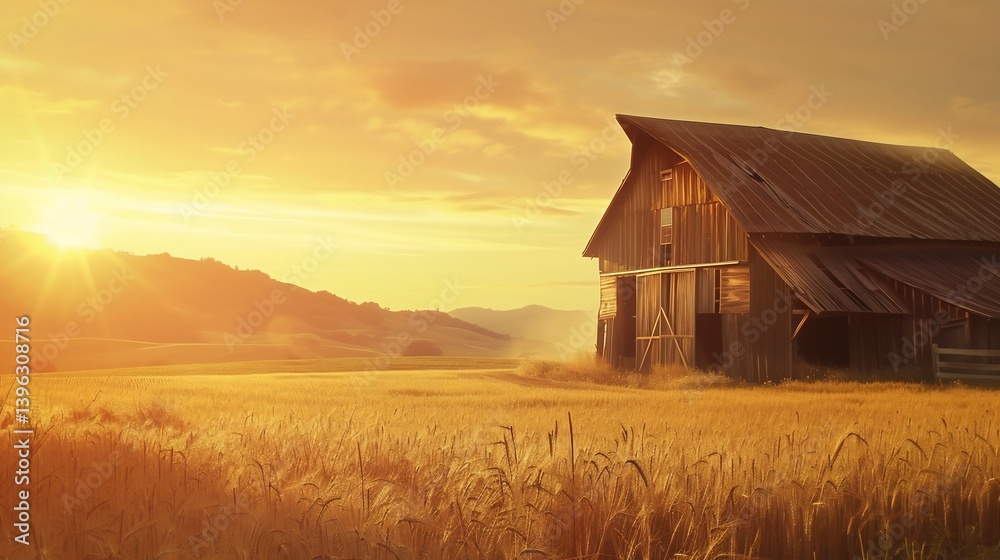 Charming rustic farm background featuring weathered wooden barn rolling golden fields and a warm sunset glow ideal for agricultural branding organic food promotions and rural tourism websites Charming rustic farm background featuring weathered wooden barn rolling golden fields and a warm sunset glow ideal for agricultural branding organic food promotions and rural tourism websites