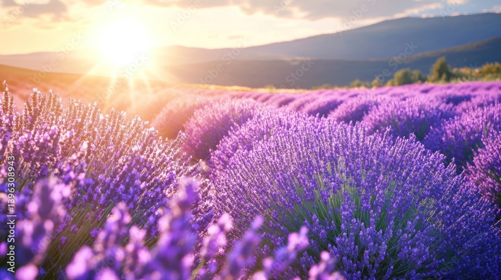 Naklejka premium A field of lavender in full bloom, purple waves under the sun, --ar 16:9 --v 6.1 Job ID: 7b9f0b49-83c6-4624-9a4f-1938d75b7657