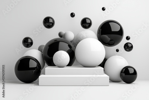Abstract Black and White Glossy Spheres on White Platform