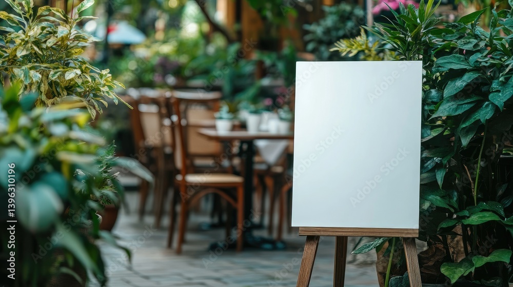 Blank standing wooden board with blurred cafe chairs and potted plants in the background, ideal for promotions
