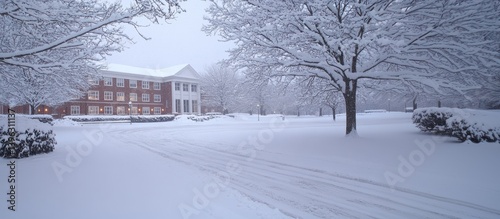 Snow-covered landscape with a building and trees in a tranquil setting.