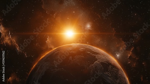 Cosmic scene featuring a planet and a radiant sun in space.