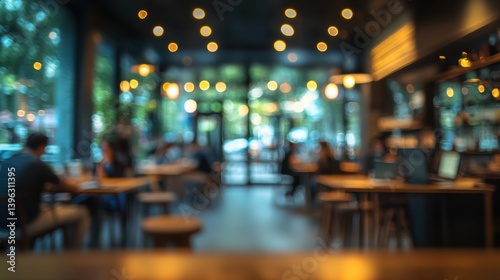 Blurred coffee shop ambiance with patrons and warm lighting.