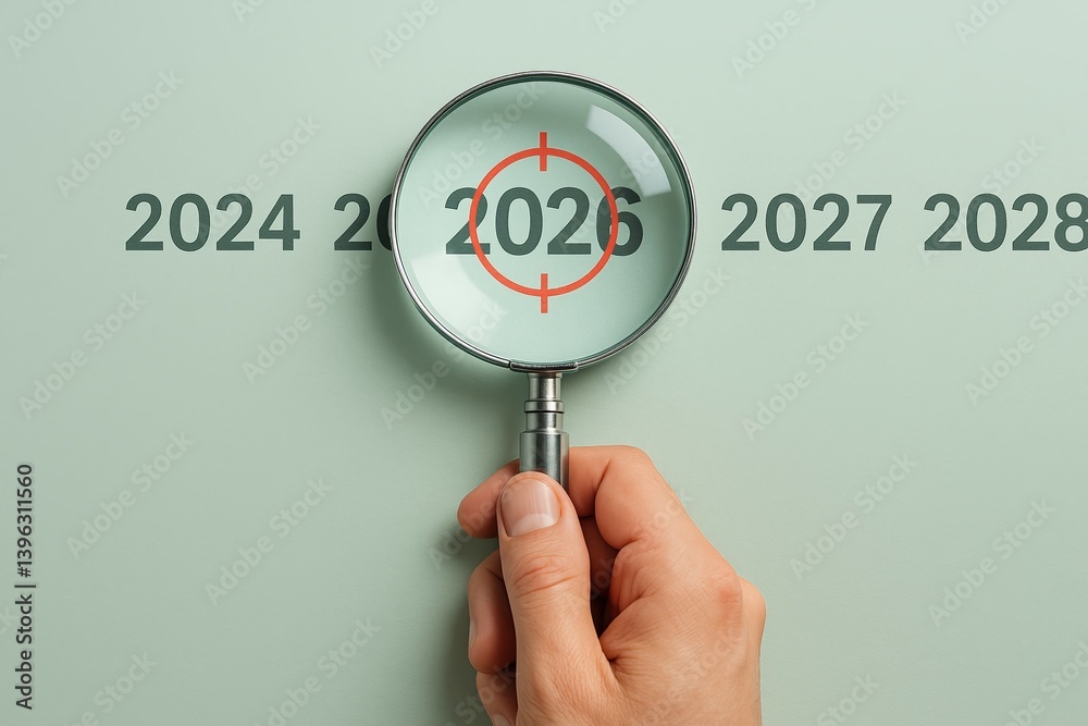 Hand holding magnifying glass focused on 2026 target in series of years 2024 to 2028