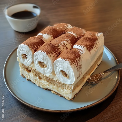 Elegant Tiramisu Dessert on Plate with Coffee Cup and Fork Gourmet Treat Delicious Sweet of excellence