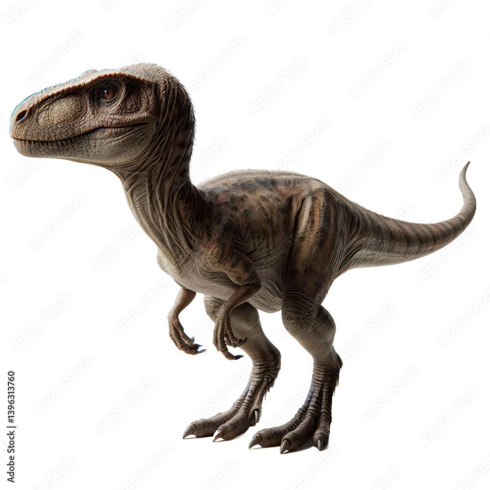 Fototapeta premium A digitally rendered blue velociraptor is depicted, poised mid-stride with its mouth open. transparent background