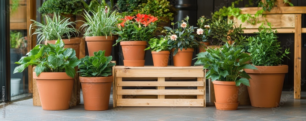 A vibrant display of potted plants in terracotta pots, arranged on a wooden crate, showcasing a variety of greenery and colorful blooms. A vibrant display of potted plants in terracotta pots, arranged on a wooden crate, showcasing a variety of greenery and colorful blooms.