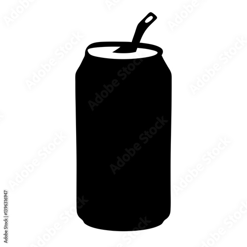 Black and white illustration of an aluminum can with a straw