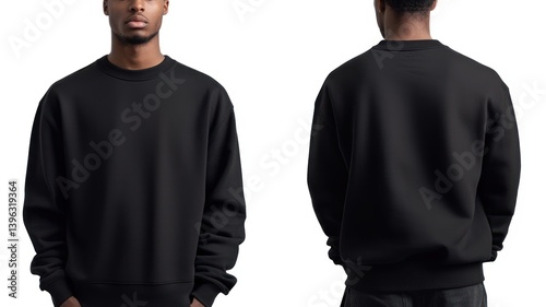 Plain black crewneck sweatshirt for a mockup, shown from both the front and back. isolated on white background