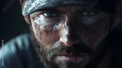 Man with beard and bandana stares intensely with smeared face paint or dirt.