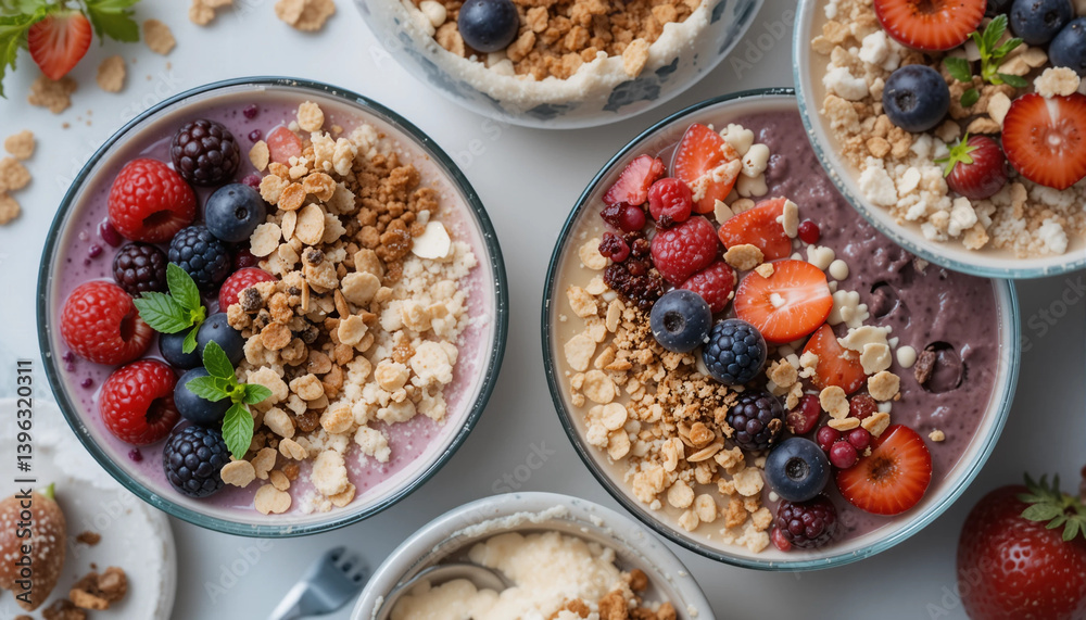 Berry Bowls of Delight: An overhead view of bowls overflowing with vibrant berries, crunchy granola, and creamy textures, a healthy and delicious treat. Berry Bowls of Delight: An overhead view of bowls overflowing with vibrant berries, crunchy granola, and creamy textures, a healthy and delicious treat.