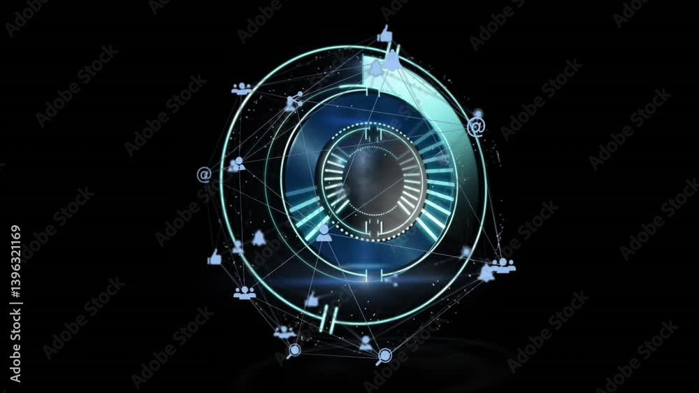 Animation of glowing circular elements with network icons on futuristic interface Animation of glowing circular elements with network icons on futuristic interface