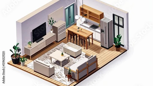 Modern isometric living room with kitchen area, stylish furniture, plants, and natural light