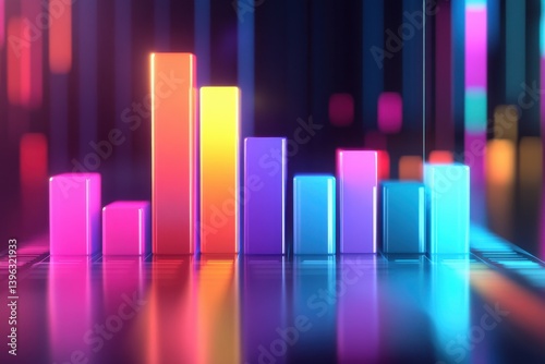 Vibrant bar graph with colorful columns reflecting on a glossy surface in a dark setting