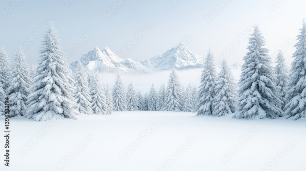 Fototapeta premium Snowy Forest with Mountains Serene Winter Landscape High Resolution Panoramic View Pristine Snow Peaceful Scene Winter Wonderland Cold Blue Tones Ideal for Holiday Cards