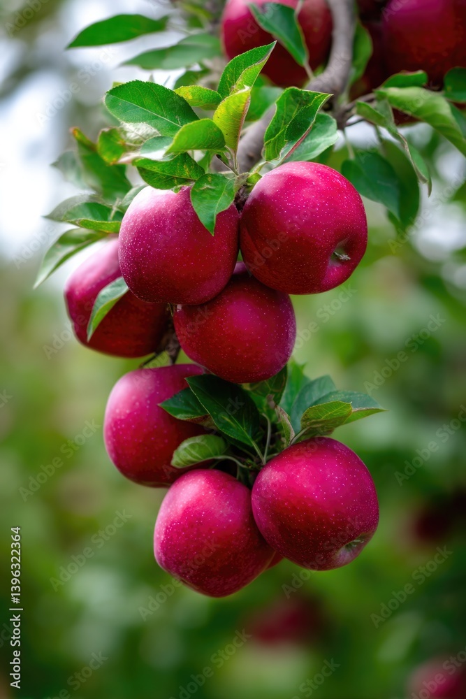 A cluster of bright, crimson apples hangs from a strong limb of the tree. A cluster of bright, crimson apples hangs from a strong limb of the tree.