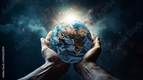 Hands Gently Holding Glowing Earth Against Cosmic Background