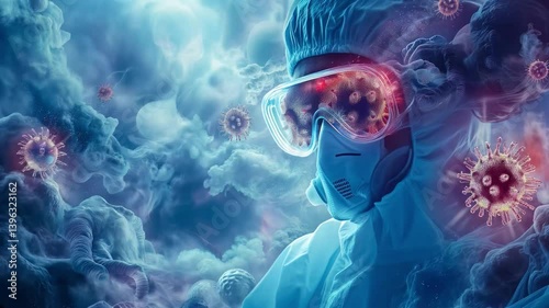 Medical Professional In Hazmat Suit Surrounded By Virus Particles In Sci-Fi Environment