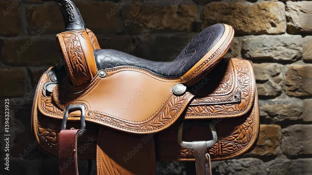 Saddle displayed on a stone wall showcasing intricate craftsmanship and durable materials in a rustic environment