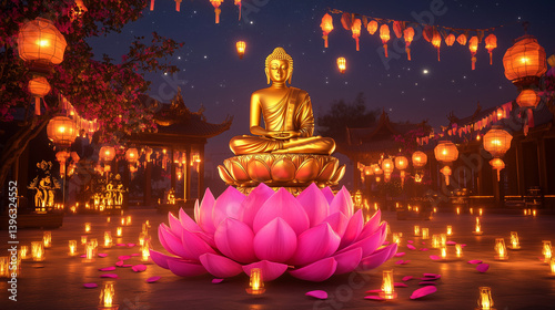Golden Buddha Statue Surrounded by Candlelight and Lanterns on Sacred Night of Magha, Asanha, or Visakha Puja Festival

