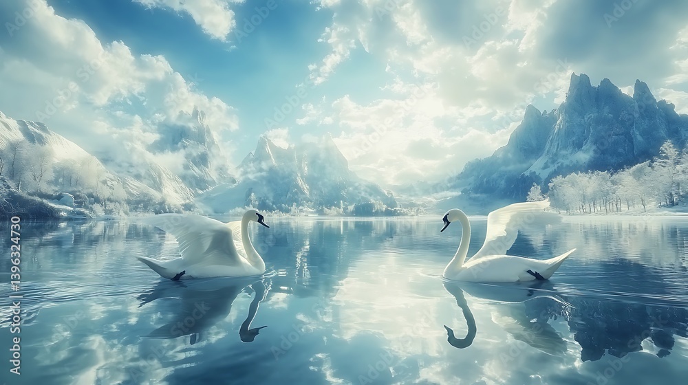 Fototapeta premium Majestic Swans on a Crystal Clear Winter Lake, Surrounded by Snow-Capped Mountains. A Serene and Peaceful Scene of Nature's Beauty