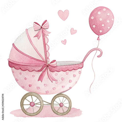 Adorable Pink Baby Carriage with Balloon and Hearts Watercolor Illustration