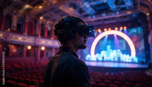 Man Experiencing Virtual Reality Concert Using Vr Headset in Theater