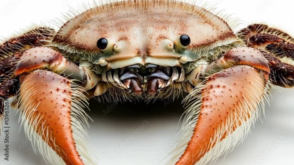 Detailed close-up of a large crab showcasing its exoskeleton and claws in natural light Detailed close-up of a large crab showcasing its exoskeleton and claws in natural light