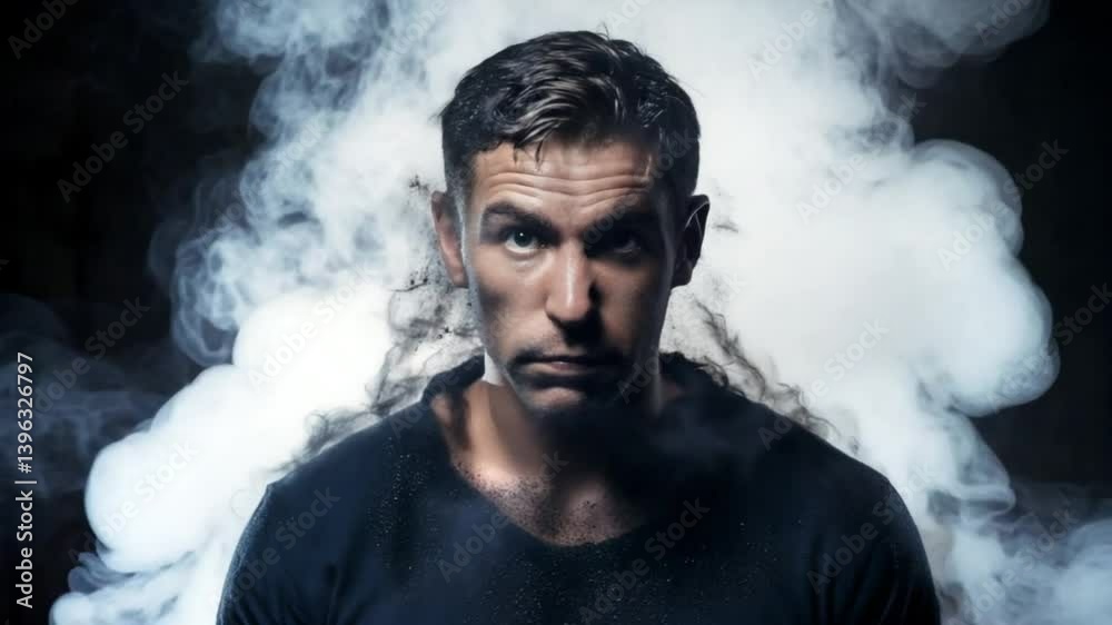 A powerful portrait captures a man in a contemplative mood, encircled by a dramatic swirl of smoke, the image heightens the sense of mystery and emotion. A powerful portrait captures a man in a contemplative mood, encircled by a dramatic swirl of smoke, the image heightens the sense of mystery and emotion.