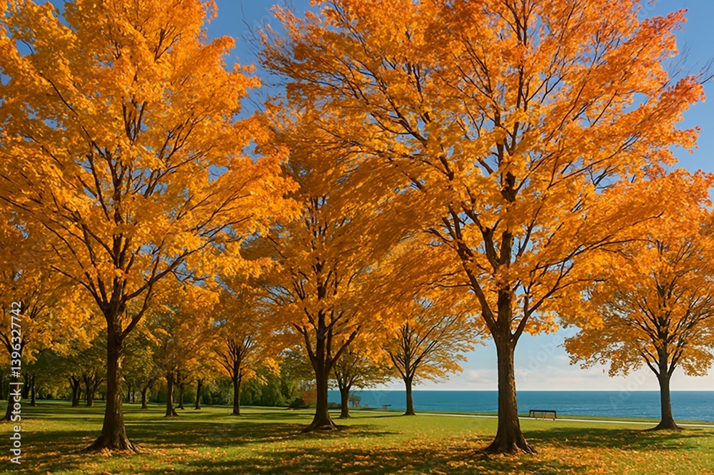Fototapeta premium Vibrant Autumn Landscape with Golden Maple Trees by a Serene Lake