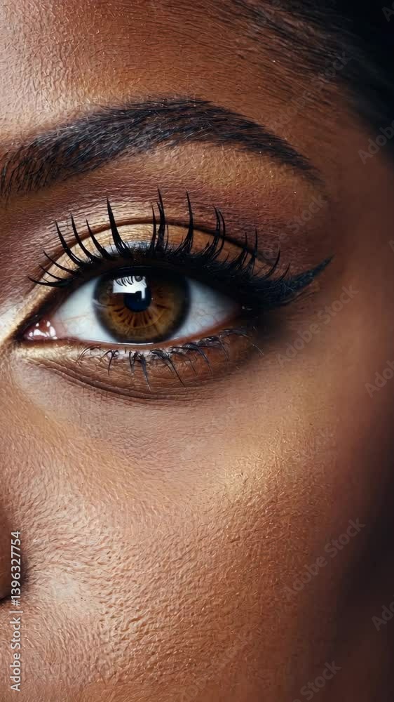 Close-up view of a woman's eye reveals striking brown color and well-defined eyelashes in natural light setting Close-up view of a woman's eye reveals striking brown color and well-defined eyelashes in natural light setting