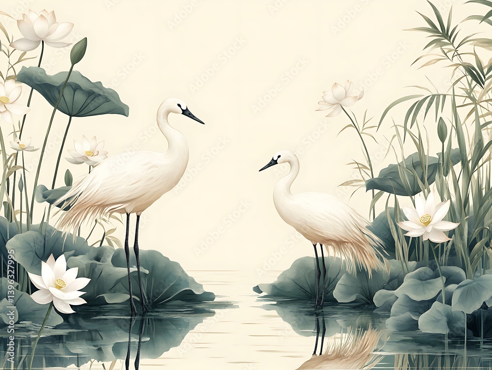 Fototapeta Egrets, Lotus Pond, Calm