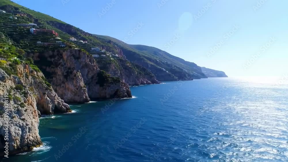 A breathtaking coastal view with an expansive deep blue sea stretching endlessly to the horizon under a vast A breathtaking coastal view with an expansive deep blue sea stretching endlessly to the horizon under a vast