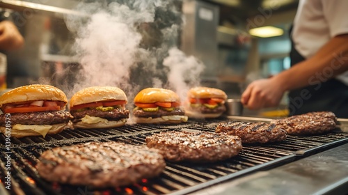 High energy fast food kitchen where burgers being grilled and served