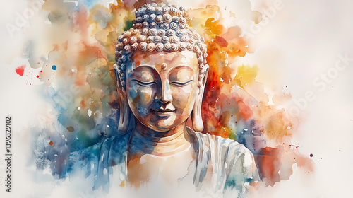Watercolor Painting of Peaceful Buddha Face Symbolizing Serenity and Enlightenment on the Sacred Buddhist Vesak Day Celebration
