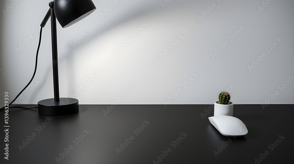 Minimalist workstation setup featuring lamp, mouse, and cactus on black desk Minimalist workstation setup featuring lamp, mouse, and cactus on black desk