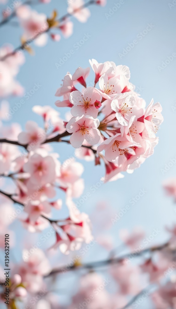 Soft, dreamy pastel pink and white cherry blossoms subtly blooming against a blurred light blue sky, elegance, peaceful, dreamy Soft, dreamy pastel pink and white cherry blossoms subtly blooming against a blurred light blue sky, elegance, peaceful, dreamy