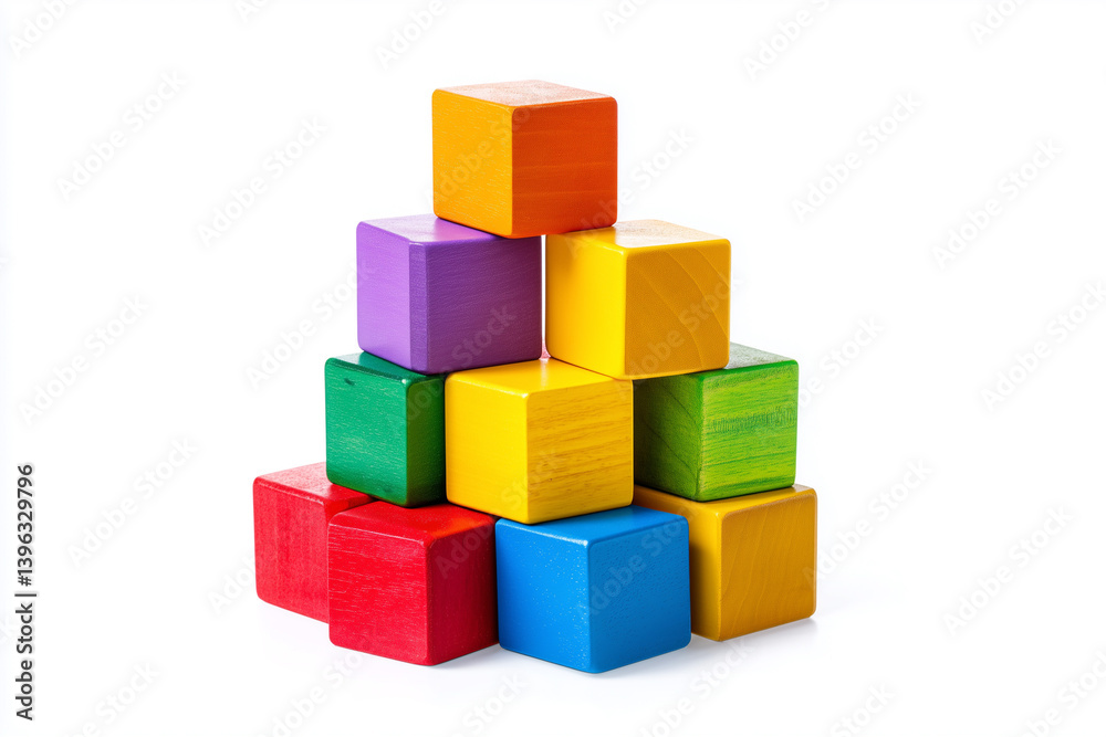 Colorful wooden blocks arranged in a playful pyramid on a white background Colorful wooden blocks arranged in a playful pyramid on a white background