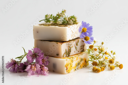 Handmade soap bars with floral decorations displayed on a white surface