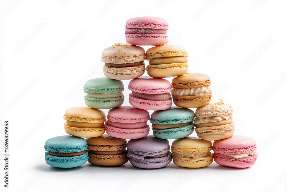 Colorful stacked macarons arranged in an artistic display at a dessert shop in the afternoon Colorful stacked macarons arranged in an artistic display at a dessert shop in the afternoon