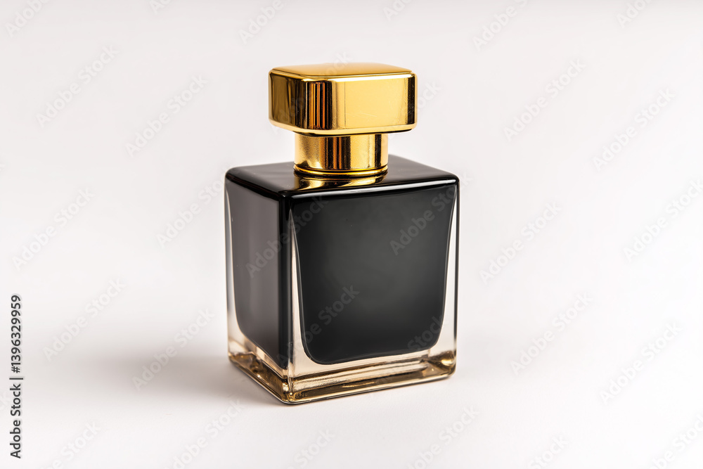 Elegant black perfume bottle with golden cap on a neutral background showcasing luxurious essence Elegant black perfume bottle with golden cap on a neutral background showcasing luxurious essence