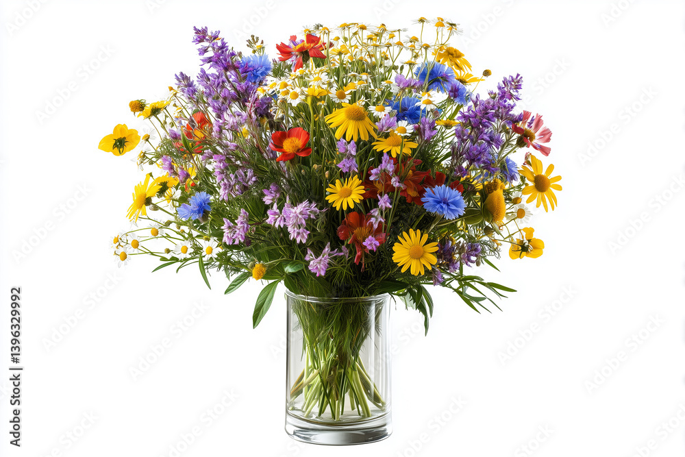 Beautiful bouquet of wildflowers in a clear glass vase arranged for a summer celebration Beautiful bouquet of wildflowers in a clear glass vase arranged for a summer celebration