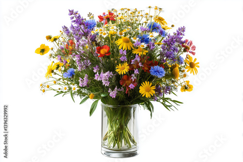 Beautiful bouquet of wildflowers in a clear glass vase arranged for a summer celebration