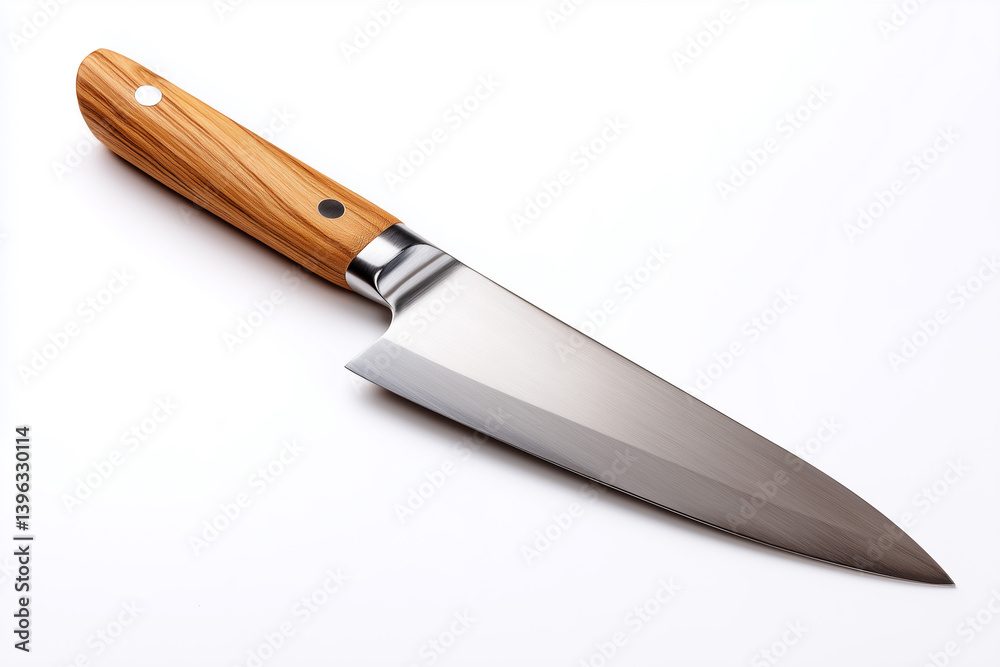 Sharp kitchen knife with wooden handle displayed against a white background highlighting its design and craftsmanship Sharp kitchen knife with wooden handle displayed against a white background highlighting its design and craftsmanship